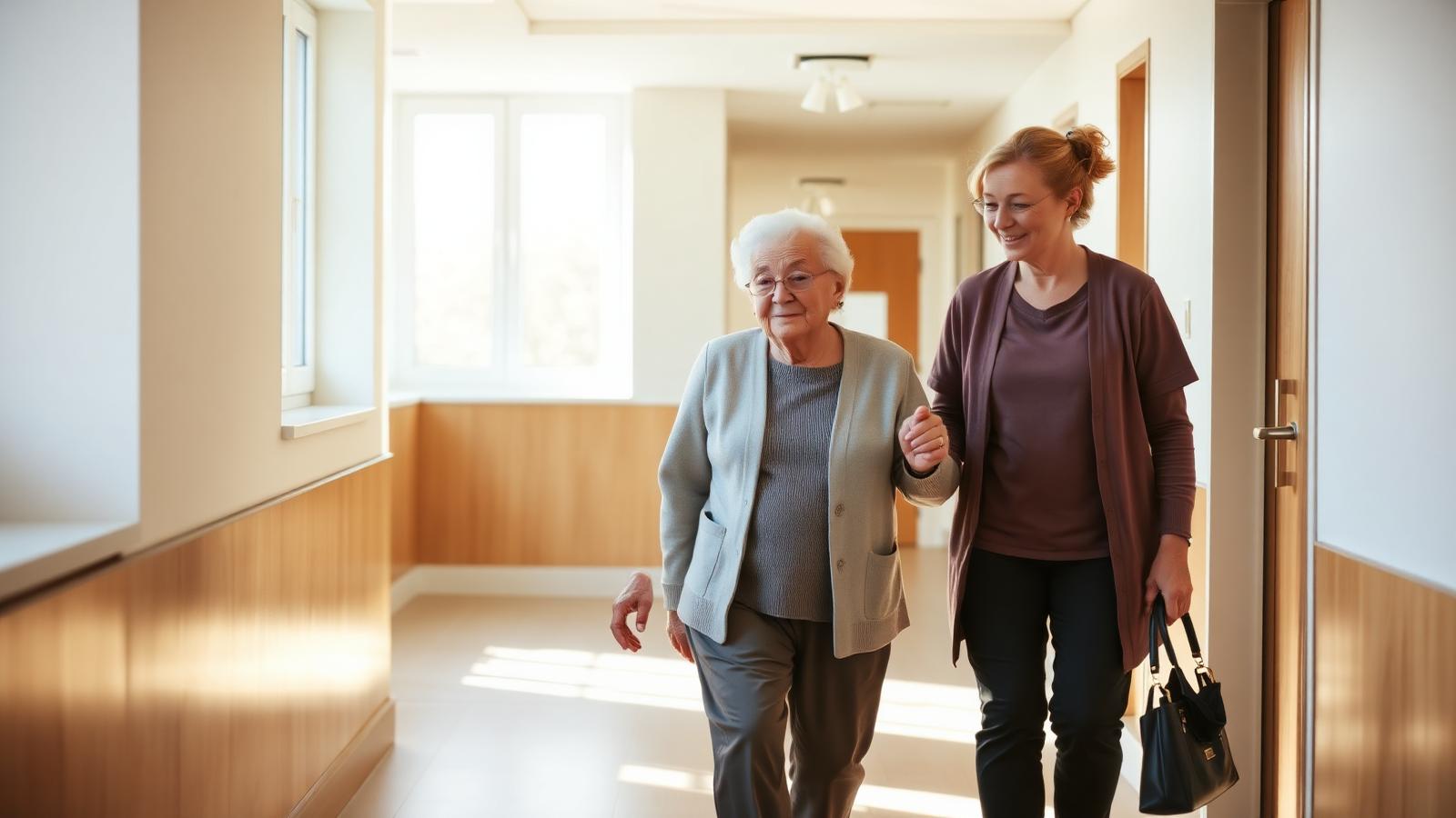 A caregiver supporting an elderly resident in a bright German care home.