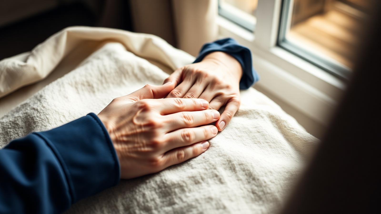 A caregiver's hand resting gently on a resident's hand.